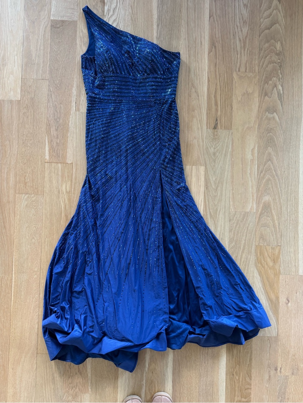 Sherri Hill One-Shoulder Navy Blue Evening Gown with sparkle